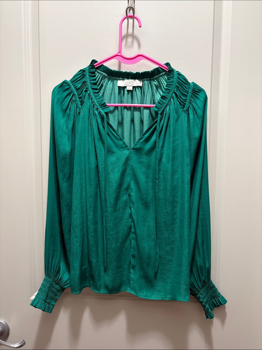 LOFT Teal Green Long-Sleeve V-Neck Peasant Blouse